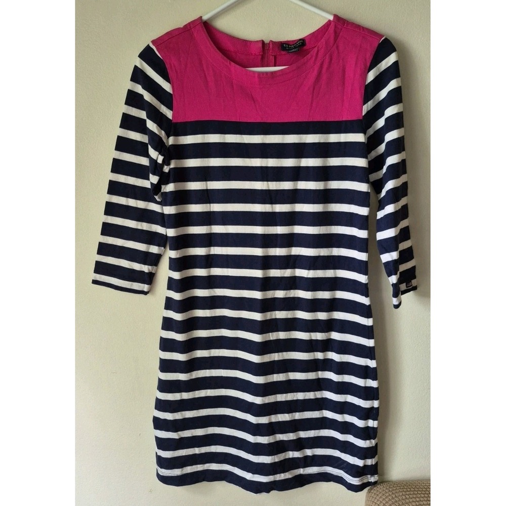 U.S. Polo Assn. Women's Striped Mini Dress Hot Pink/Navy/White 3/4 Sleeve Size S